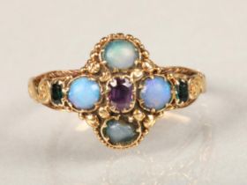 Georgian opal, amethyst and tourmaline ring, the central amethyst surrounded by four cabochon