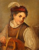 C P CHALMERS Half-length portrait of a young boy wearing scarlet hat with white feather and