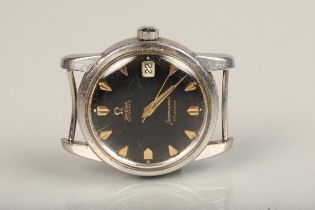 Gents Omega Automatic Seamaster Calendar wristwatch, the black dial with golden chapter rings and