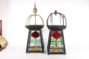 Near pair of Arts & Crafts style stained glass hall lanterns, late 19th to early 20th century, the