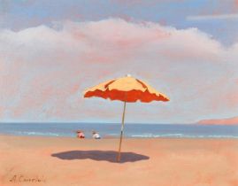 ALBERTO CARNEVALE (Italian b1931) *ARR* Beach scene with umbrella Oil painting, signed lower left,