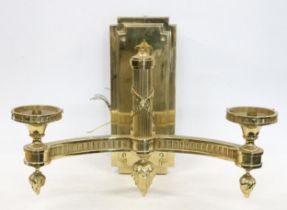 20th century brass two branch uplifter wall sconce, the ribbon wrapped fluted centre column