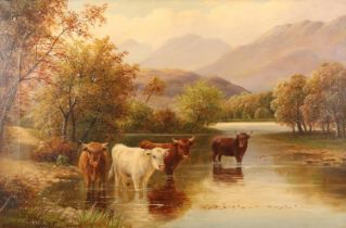 FREDERICK ALLEN (Scottish early 20th century) Highland Cattle watering in a Highland landscape Oil