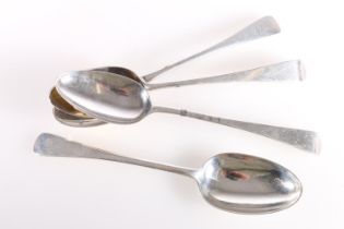 Four matched silver Old English pattern tablespoons, London 1791 and 1916, 270g.