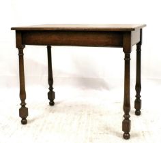 Victorian oak occasional table, the rectangular top over plain frieze, raised on four turned legs