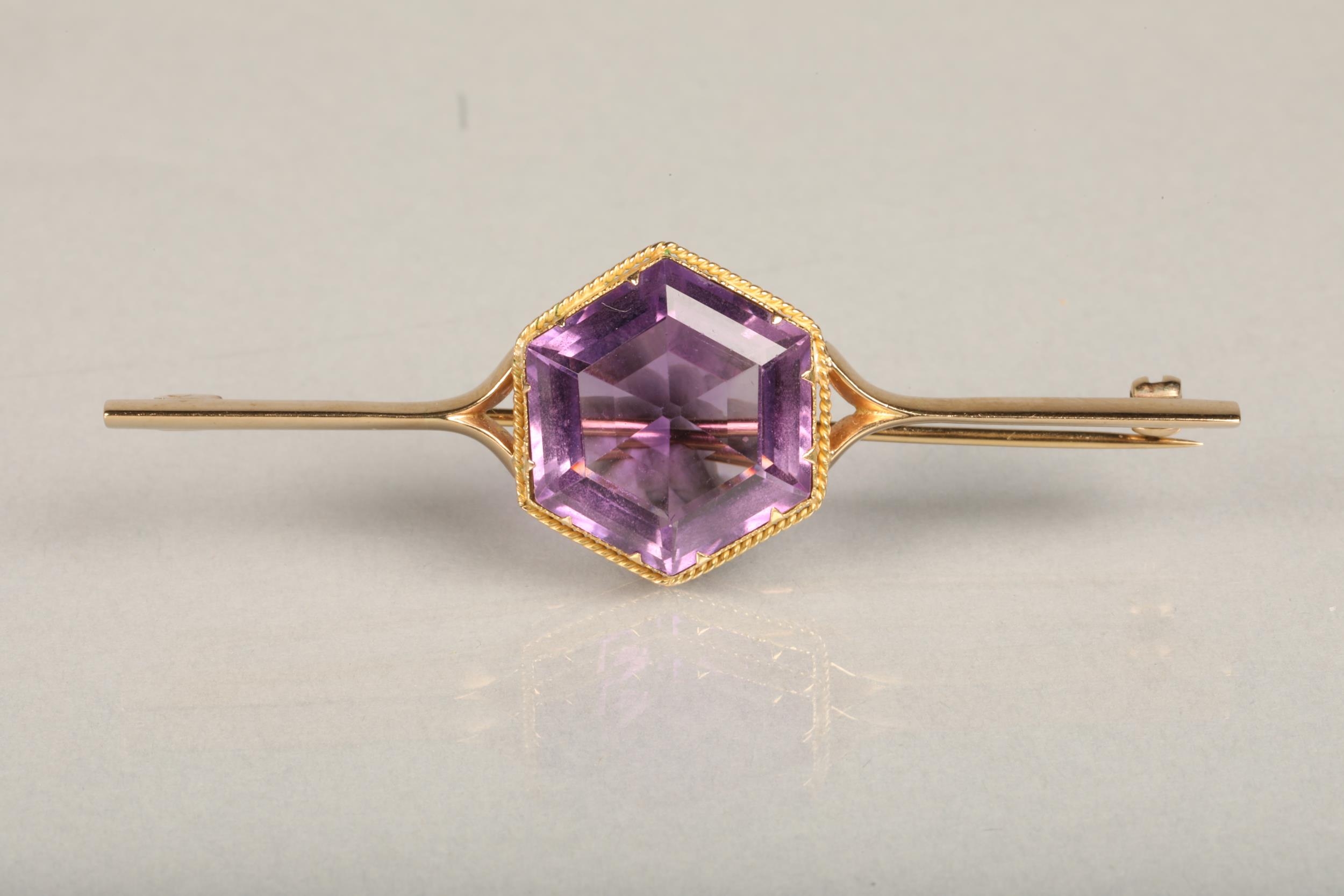 9ct gold bar brooch set with large hexagonal amethyst frame by rope twist border, 7.4g gross, and - Image 2 of 4