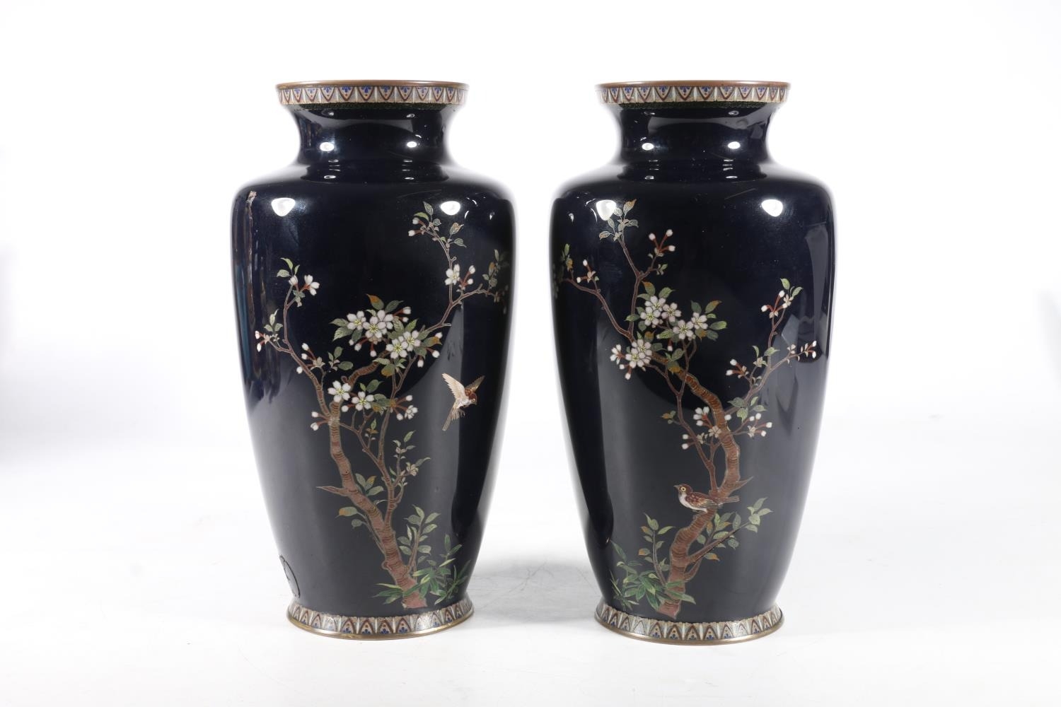 Pair of Japanese cloisonne enamel vases, late Meiji period, decorated with birds and blossom