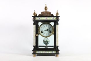 Chinese made modern French style four glass mantle clock with faux marble columns and enamel frieze,