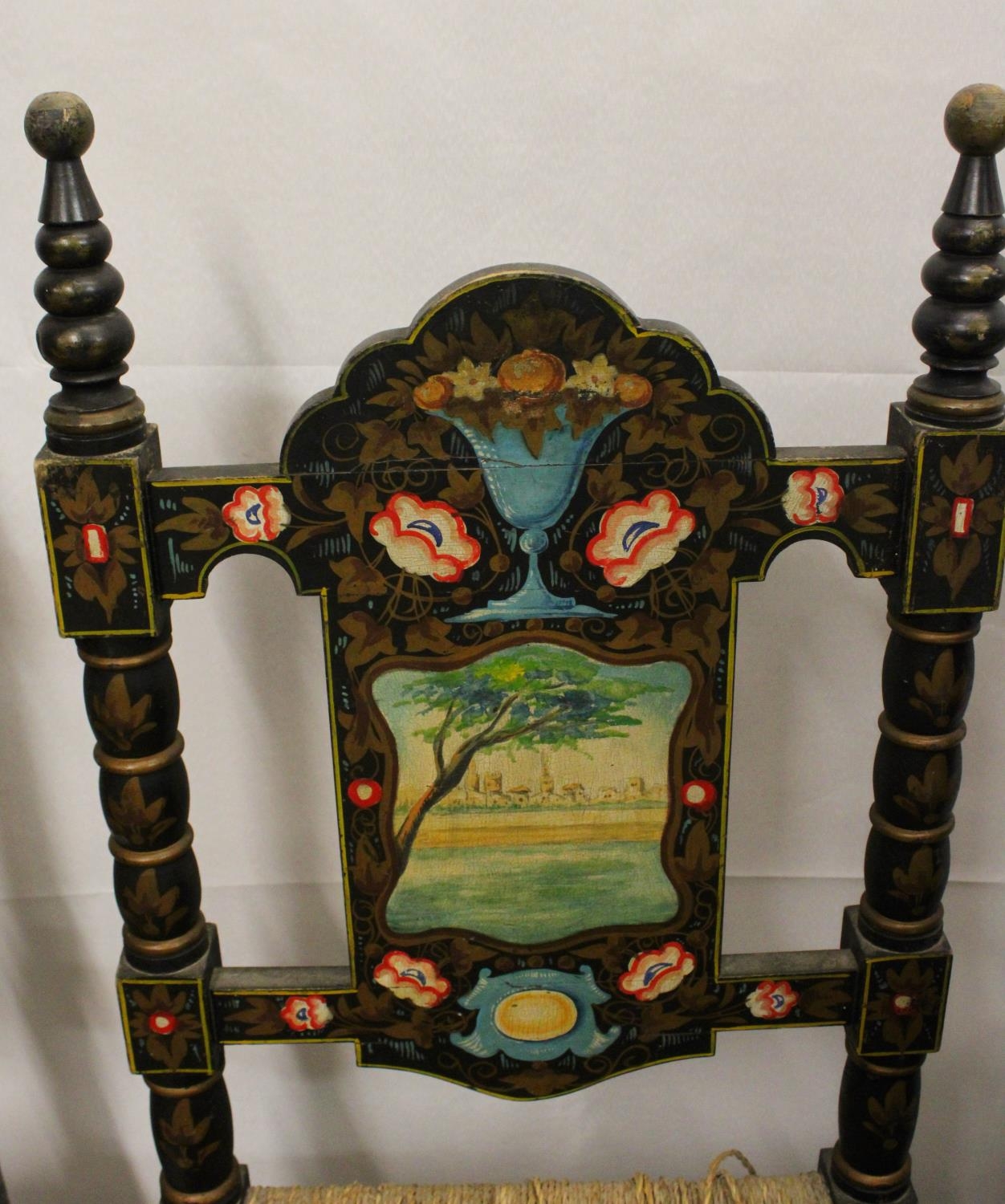 Two pairs of Spanish colonial hall chairs, 19th century, the ebonised chairs painted in gilt - Image 6 of 12