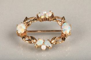 9ct gold opal and seed pearl brooch, makers mark 'C&F', probably Cropp & Farr Ltd, London, 1988, 4g.