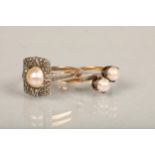 18ct gold seed pearl crossover ring, ring size N, 2.9g and a 9ct gold pearl and marcasite dress