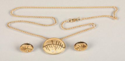 Sheila Fleet 'Skyran, She' 9ct gold and diamond modernist earrings and pendant set with original