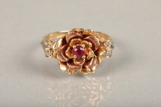 Elizabeth of Glamis Queen Mother 14ct gold rose ring, set with single cut ruby in rose form mount,