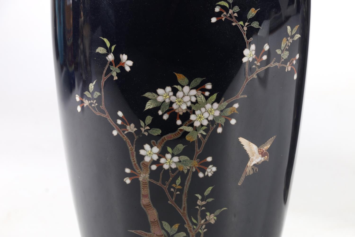 Pair of Japanese cloisonne enamel vases, late Meiji period, decorated with birds and blossom - Image 4 of 6