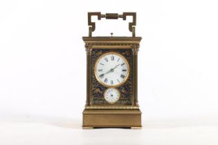 French gilt brass repeating carriage clock, the case with repeater button, the enamel dial with