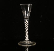 George III cordial glass c1770, the half fluted conical bowl above opaque double twist stem on a