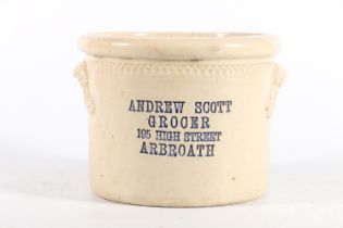 Scottish pottery 4lb croc 'Andrew Scott Grocer 195 High Street Arbroath', by Port Dundas Pottery