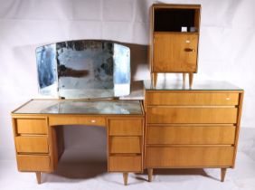 Three piece teak bedroom suite in the manner of BCM Bath Cabinet Makers, mid 20th century,