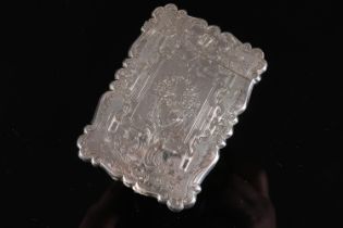 Victorian antique silver card case of rectangular form with scroll edge, the body incised with