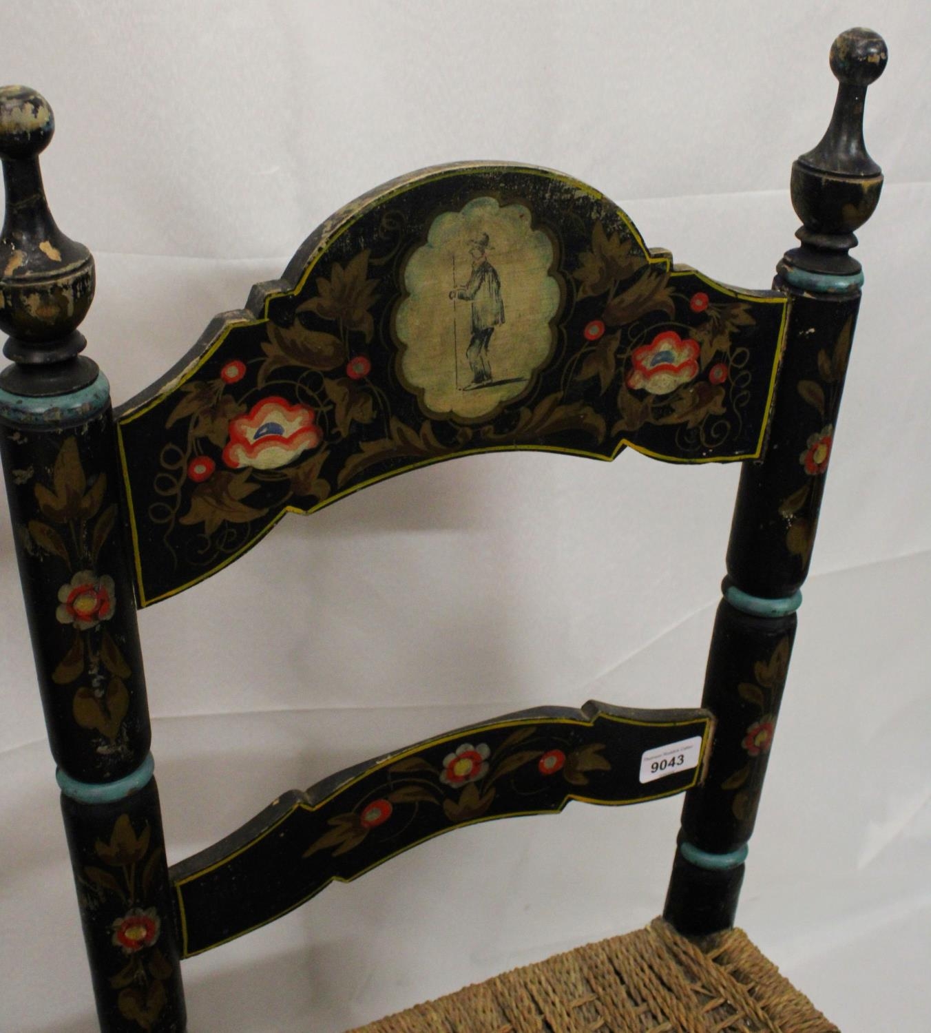 Two pairs of Spanish colonial hall chairs, 19th century, the ebonised chairs painted in gilt - Image 8 of 12