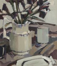 ETHEL WALKER (Scottish b1941) *ARR* Black Irises Gouache painting, signed lower right, 21cm x