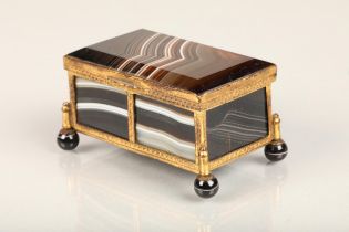 French small, banded agate jewellery casket, 19th century, the banded agate panels around an