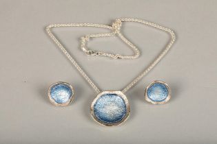 Sheila Fleet 'Lunar' silver and blue enamel modernist earrings and pendant set with original