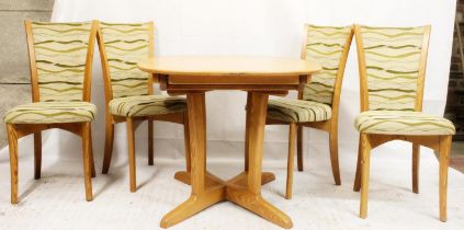 Ercol extending dining table, the oval top on pedestal four leg base, together with four Ercol