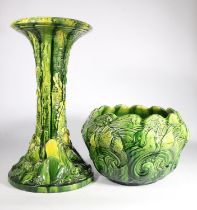 Ault Art Nouveau Pottery 'Oceana' jardiniere and base, c1900, moulded in fish and sea life design