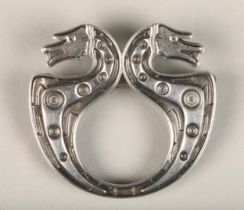 Ola Gorie silver clasp brooch in the form of a double headed Norse serpent, W4cm