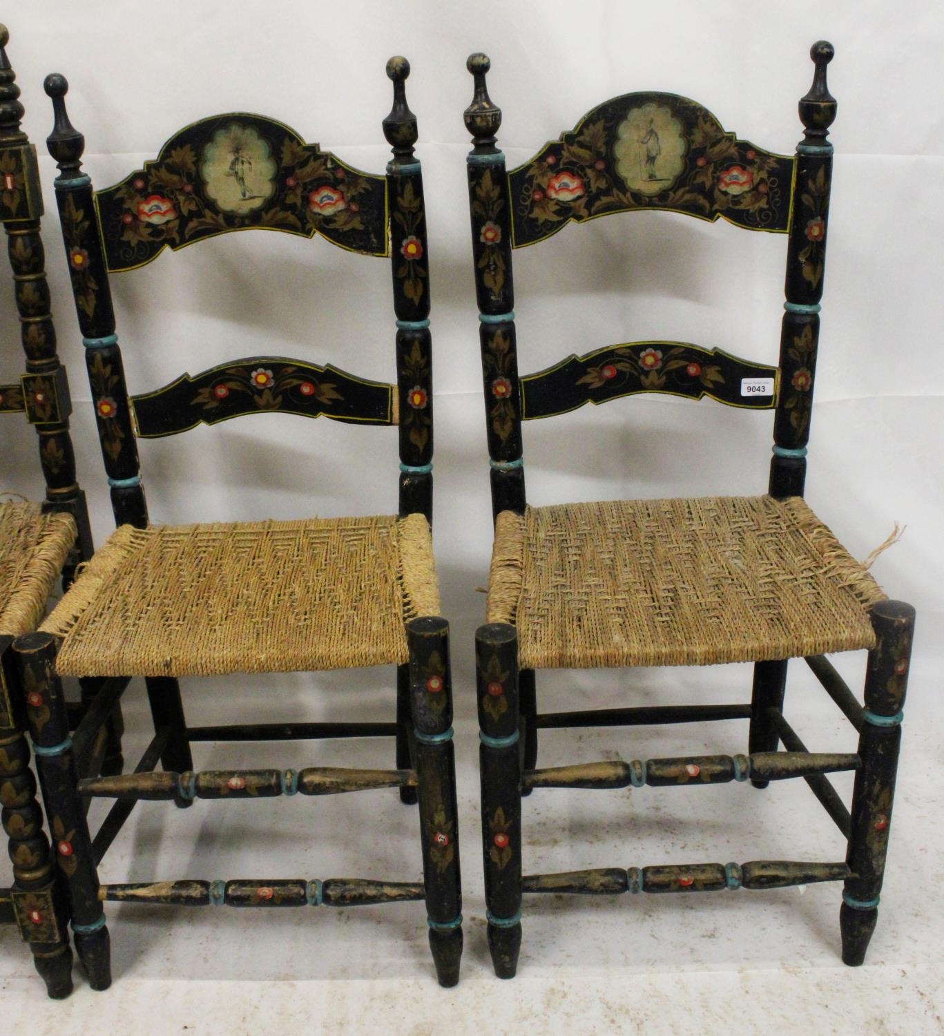 Two pairs of Spanish colonial hall chairs, 19th century, the ebonised chairs painted in gilt - Image 3 of 12