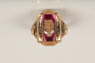 American 10ct gold high school fraternity ring, the paste stone framing the emblem for Mark Keppel