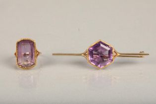 9ct gold bar brooch set with large hexagonal amethyst frame by rope twist border, 7.4g gross, and