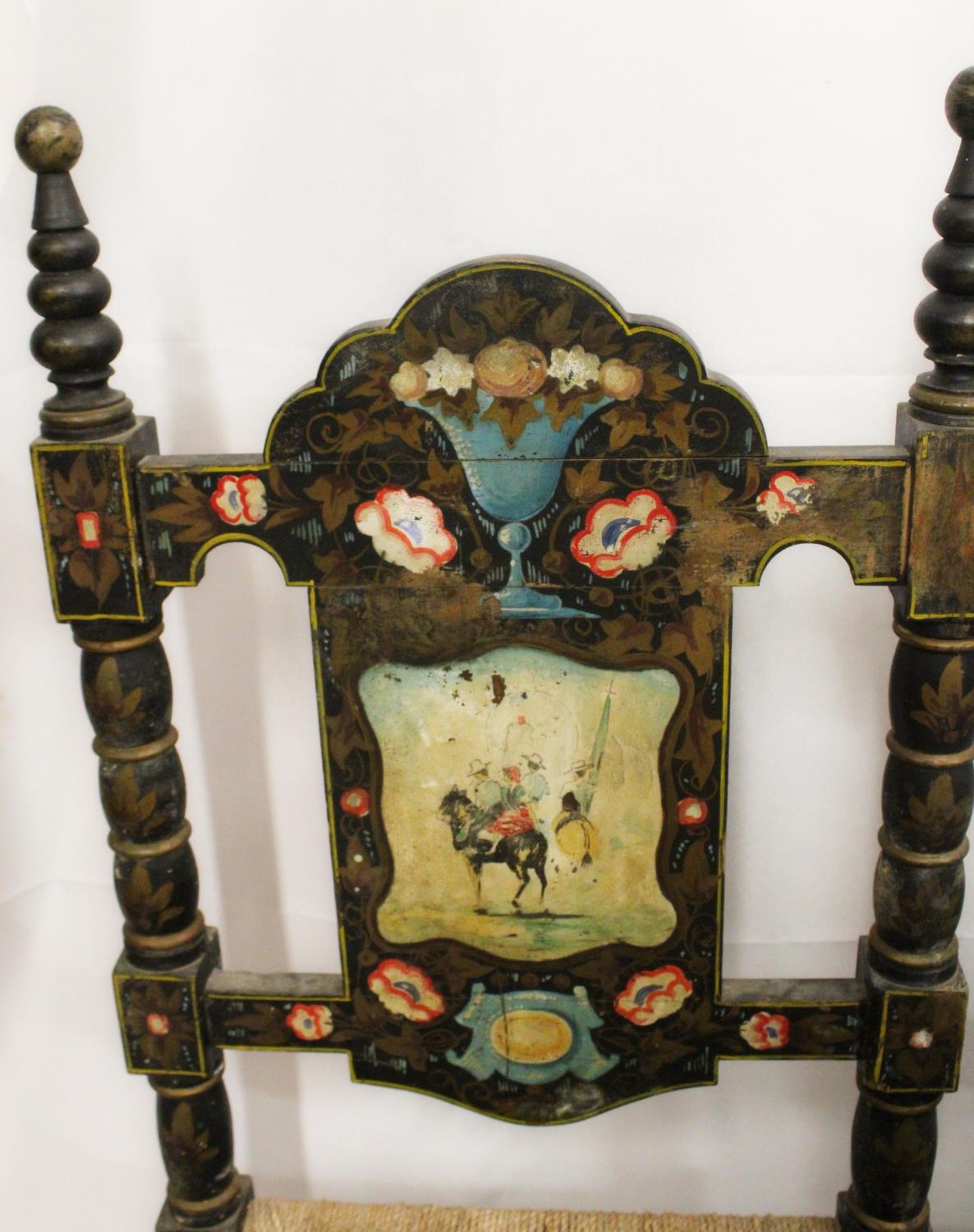 Two pairs of Spanish colonial hall chairs, 19th century, the ebonised chairs painted in gilt - Image 5 of 12