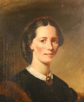 19TH CENTURY SCHOOL Bust length portrait of a lady in black gown with white collar with Victorian