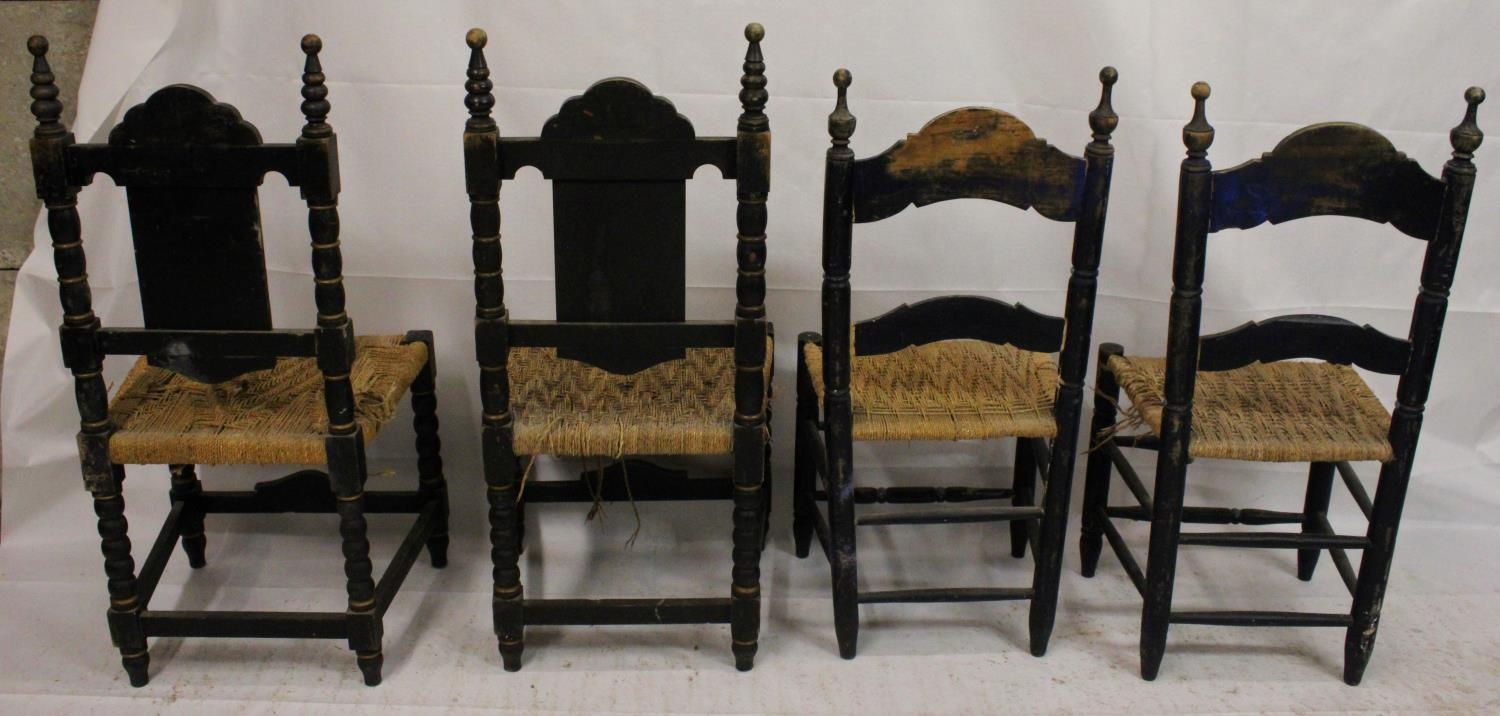 Two pairs of Spanish colonial hall chairs, 19th century, the ebonised chairs painted in gilt - Image 12 of 12