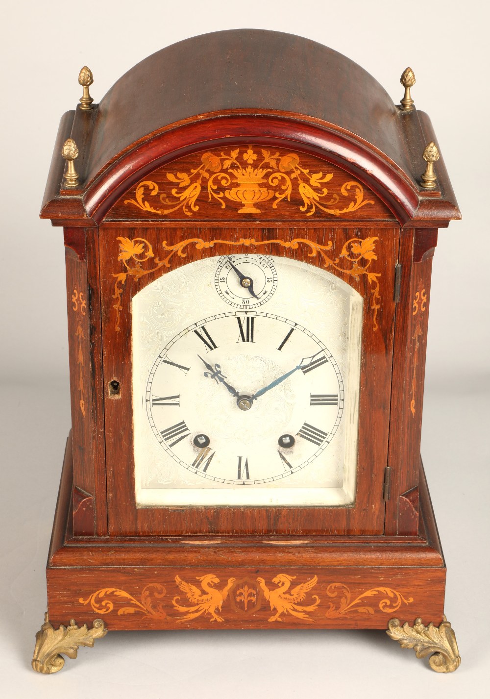 19th century Lenzkirch inlaid mahogany bracket clock, marquetry inlay to the case, with four brass - Image 6 of 8