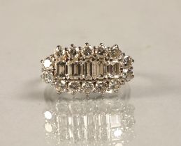 Ladies 18ct white gold diamond cluster ring, central row of five baguette cut diamonds surrounded by