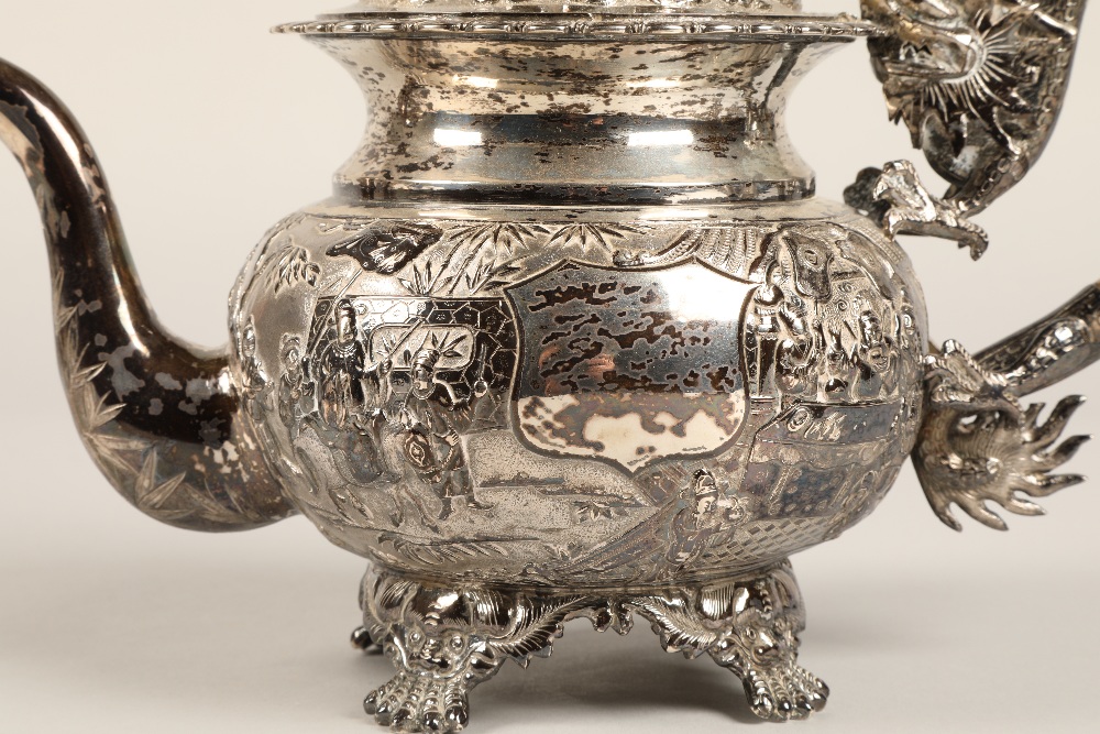 Fantastic 19th century chinese silver four piece tea and coffee service, decorated with warriors, - Image 23 of 51