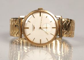 Longines 9ct gold wrist watch, champagne dial with baton hour markers with subsidiary dial. with