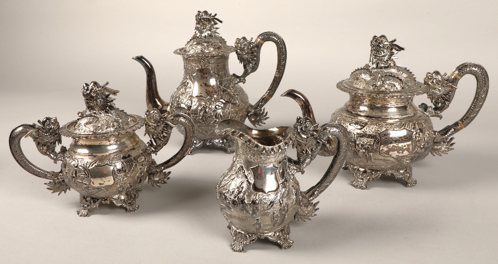 Fantastic 19th century chinese silver four piece tea and coffee service, decorated with warriors, - Image 3 of 51