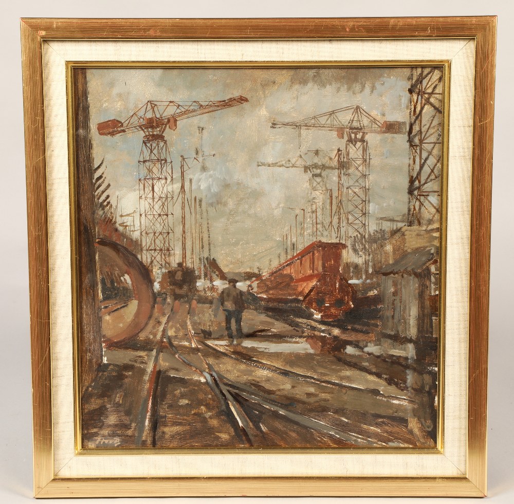 Ernest Burnett Hood (Glasgow 1932 - 1988) Framed oil - signed 'Shipbuilders' 35cm x 33cm - Image 2 of 4