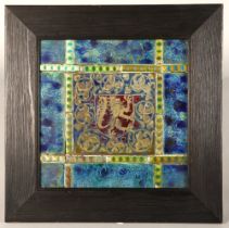 Pilkingtons Royal Lancastrian framed pottery tiles, central tile, lion in a shield, surrounded by
