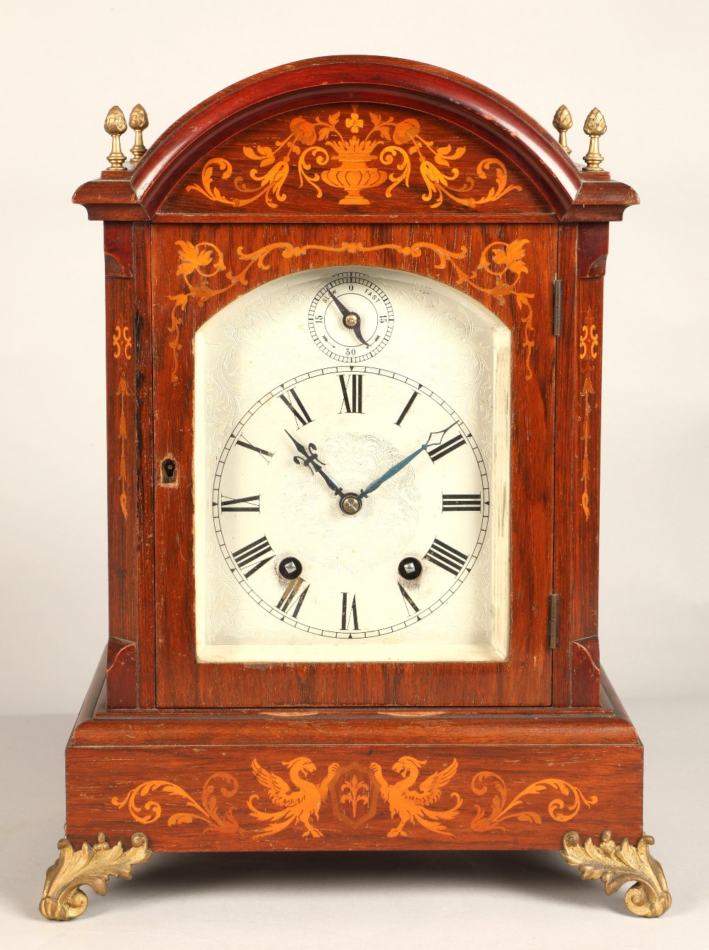 19th century Lenzkirch inlaid mahogany bracket clock, marquetry inlay to the case, with four brass - Bild 2 aus 8
