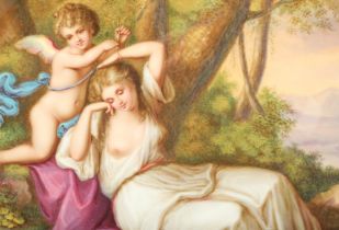 Mounted and framed Royal Vienna porcelain plaque, hand painted and titled 'Cupido Fesselt Aglaia