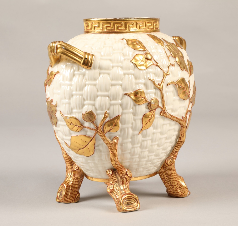 Royal Worcester cream and gilt weaved basket vase, 21cm high. - Image 3 of 6