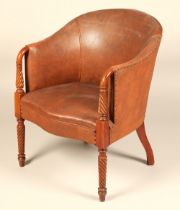 Carved tub chair, with barley twist front columns, 61 cm wide, 81cm high.