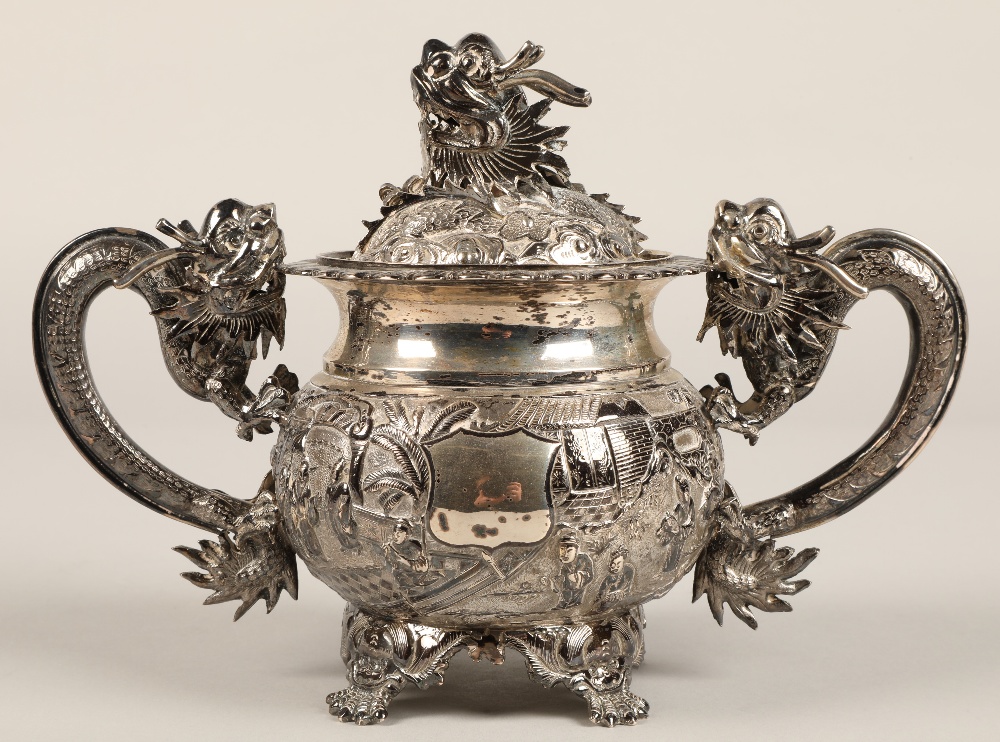 Fantastic 19th century chinese silver four piece tea and coffee service, decorated with warriors, - Image 31 of 51
