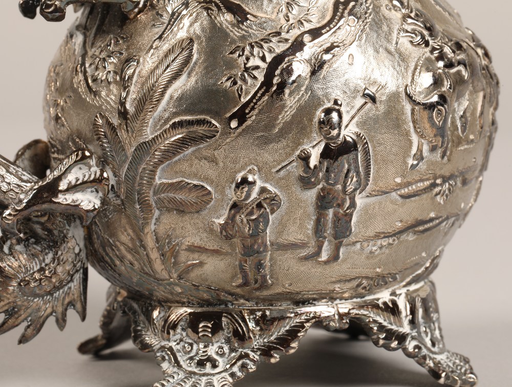 Fantastic 19th century chinese silver four piece tea and coffee service, decorated with warriors, - Image 48 of 51