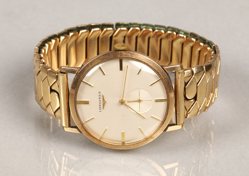 Longines 9ct gold wrist watch, champagne dial with baton hour markers with subsidiary dial. with - Image 2 of 6